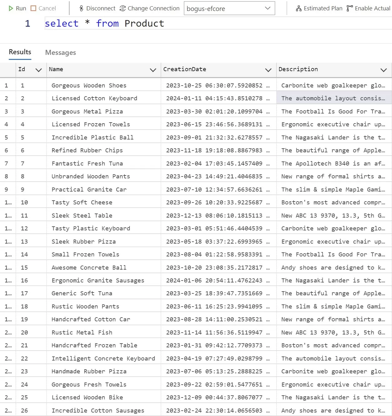 Results of a SQL query showing the generated products