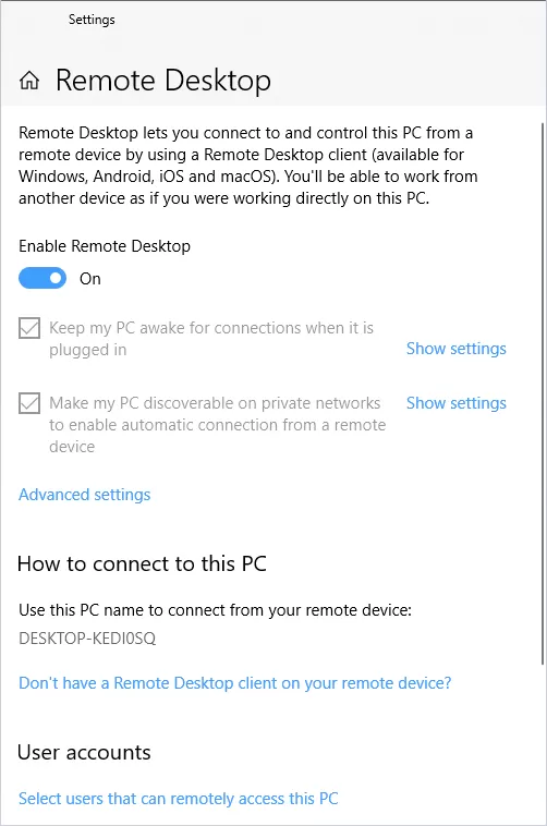 Windows 10 Remote Desktop screen