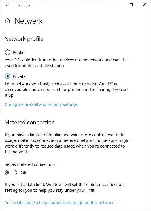 Windows 10 network properties screen