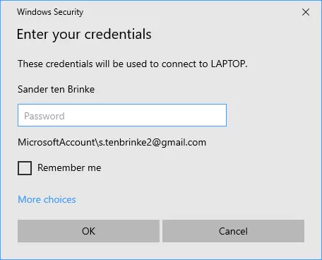 Windows 10 Remote Desktop Connection Program Login popup