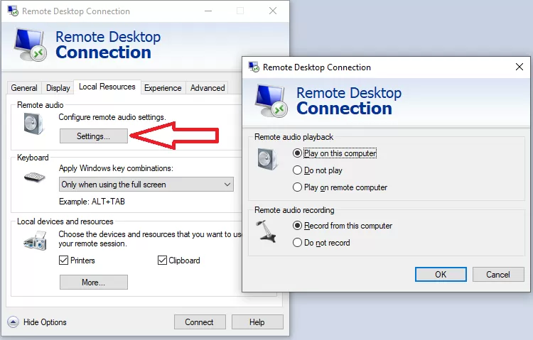 Windows 10 Remote Desktop Connection Audio Settings