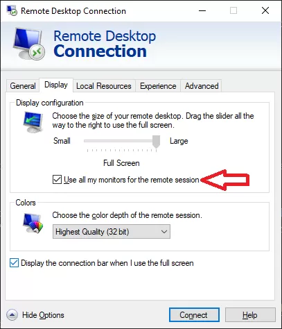 Windows 10 Remote Desktop Connection Multiple monitors Settings