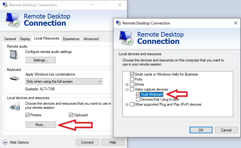 Windows 10 Remote Desktop Connection Webcam Settings